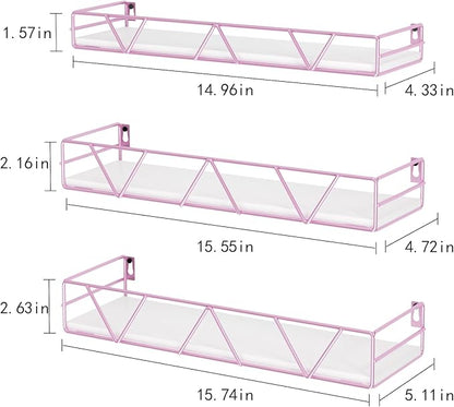 Floating Shelves Set of 3, Home Wood Wall Shelf, Farmhouse Shelf for Bedroom, Wall Mounted Floating Shelf for Living Room, Bedroom, Bathroom, Kitchen, Office (Pink)