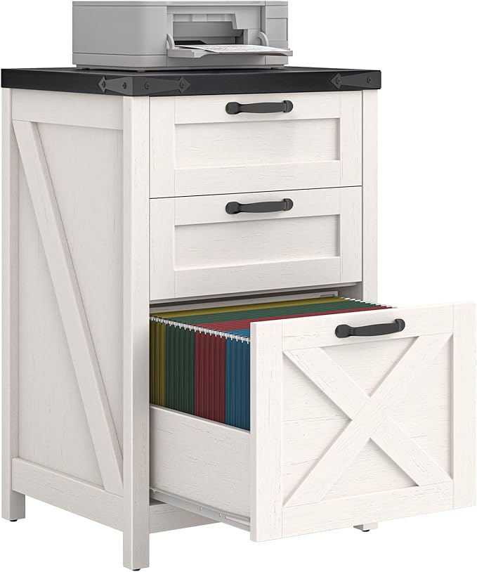 3 Drawer Small File Cabinet, Farmhouse Vertical Filing Cabinet Fits Letter and A4 Size, Under Desk Wooden File Cabinets for Home Office, Printer Stand, White and Black