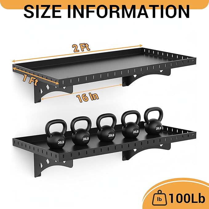 2 Pack Garage Wall Shelf, 1X2 Ft Heavy Duty Shelving, for Garage, Power Tools, Toolbox, Storage Shelves with for Workshop Office, Holds Up to 100 Lbs (Black)