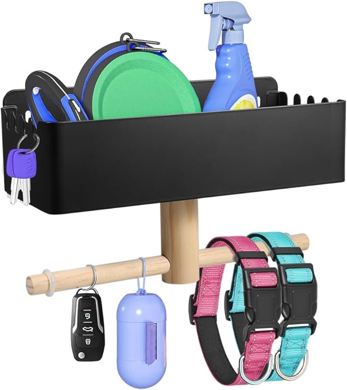 Picowe Dog Leash Holder for Wall, Metal and Wood Dog Leash Hooks, Pet Stuff Storage Shelf Storage for Leashes,Collar, Toys, Treats, Poop Bag (Black)