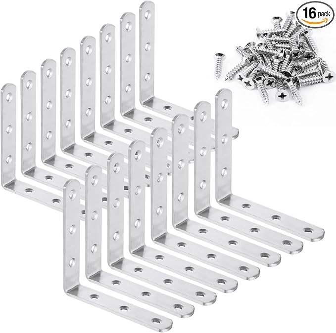 16PCS 4x4 Inch Stainless Steel L Bracket for Shelves, 90 Degree Joint Right Angle Bracket, Heavy Duty Corner Braces with Screws for Wood, Furniture, Brushed Nickel