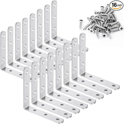 16PCS 4x4 Inch Stainless Steel L Bracket for Shelves, 90 Degree Joint Right Angle Bracket, Heavy Duty Corner Braces with Screws for Wood, Furniture, Brushed Nickel