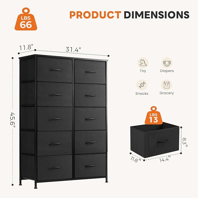 Sweetcrispy 10 Drawer Fabric Dresser Storage Tower with Bins, Tall Chest Organizer for Bedroom Closet Hallway, Steel Frame Wood Top Easy Pull Handles,Black