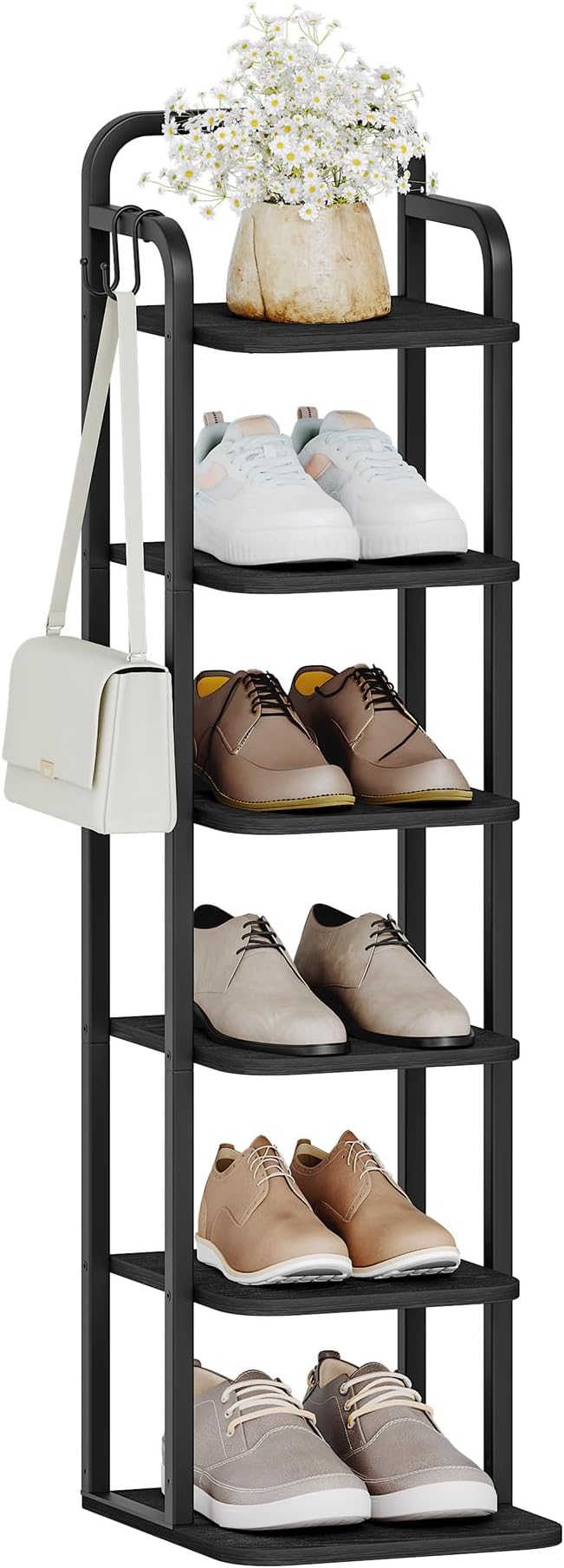 Vertical Shoe Rack, Shoe Shelves, Wood Shoe Organizer for Closet, Entryway, Shoe Tower for Small Spaces, Free Standing, Adjustable, with 2 Hooks, 6 Tier Black SR04204B