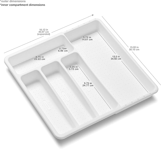 madesmart Expanding Silverware Tray, 5 Compartment Flatware Organizer for Forks, Knives & Spoons, Durable Drawer Organizer, White