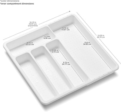 madesmart Expanding Silverware Tray, 5 Compartment Flatware Organizer for Forks, Knives & Spoons, Durable Drawer Organizer, White