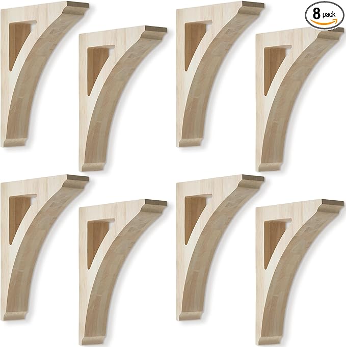8 Pcs 1 3/4" W x 8 1/2" D x 12" H Traditional Wood Corbels Wooden Shelf Brackets Unfinished Paintable Solid Wooden Bracket for Doorway Countertops Home Shelves Cabinet Furniture Support