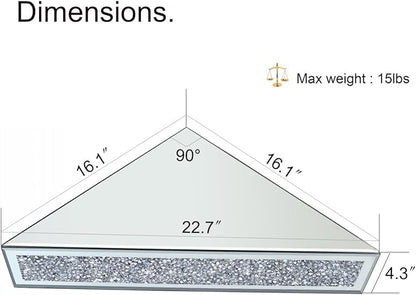 Mirrored Floating Conner Shelf, Silver Mirror Crushed Diamond Decorative Wall Shelf for Home Decoration Crystal Diamond Wall Art Decor Accent Piece Showcase 16.1" L×16.1" W×4.3" H, Set of 2