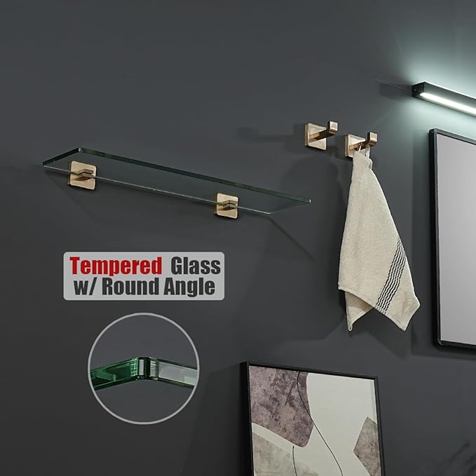JQK Bathroom Glass Shelf, Floating Tempered Glass Shower Storage 20 by 5 inches, 304 Stainless Steel Champagne Bronze Wall Mount, TGS201L20-CB