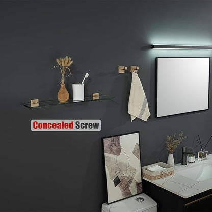 JQK Bathroom Glass Shelf, Floating Tempered Glass Shower Storage 24 by 5 inches, 304 Stainless Steel Champagne Bronze Wall Mount, TGS201L24-CB
