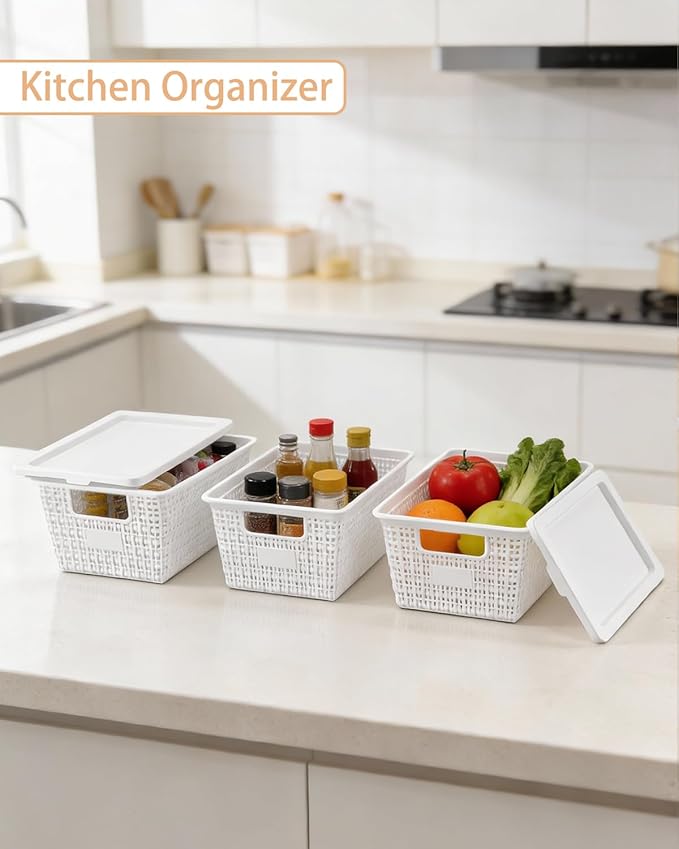 Plastic Storage Baskets with Lids [6-Pack] – Stackable Organizing Bins with Secure Snap-On Lids for Pantry, Bathroom & Closet | 11"x7"x5" Bins Hold 25lbs, Dustproof & Water-Resistant, White