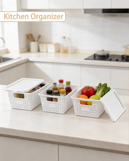 Plastic Storage Baskets with Lids [6-Pack] – Stackable Organizing Bins with Secure Snap-On Lids for Pantry, Bathroom & Closet | 11"x7"x5" Bins Hold 25lbs, Dustproof & Water-Resistant, White