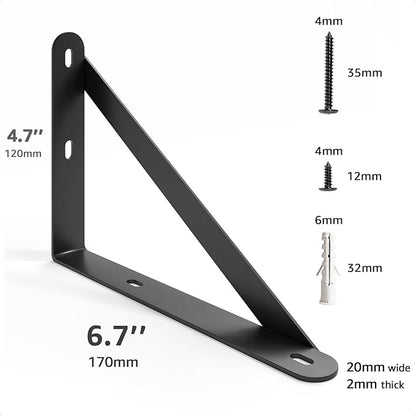 6.7x4.7 Shelf Brackets 6-Pack, Shelf Support Shelf Holder Steel Wall Mount Heavy Duty Small L Shape Triangle 90 Degree Metal Black with Screws Anchors Soporte de Estante