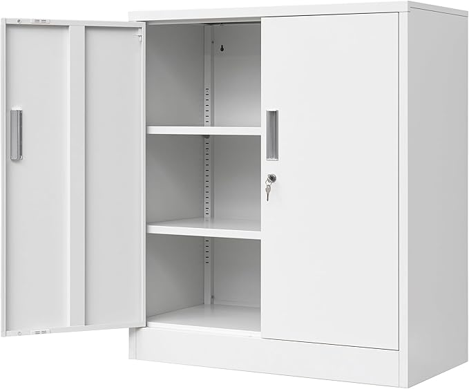 Metal Storage Cabinet, 36" H Locking Storage Cabinet with 2 Adjustable Shelves for Garage, Home, Office, Utility Room-White