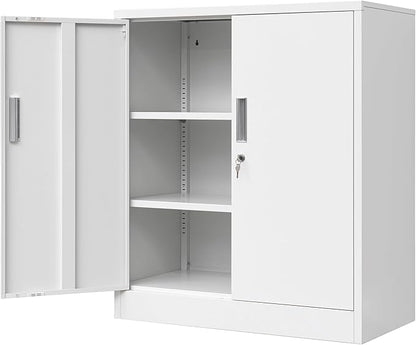 Metal Storage Cabinet, 36" H Locking Storage Cabinet with 2 Adjustable Shelves for Garage, Home, Office, Utility Room-White