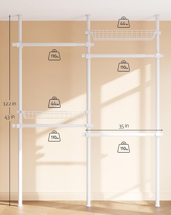 Floor-to-Ceiling Clothing Rack with 2 Wire Storage Baskets, 4 Hanging Rods, Adjustable Tension Closet Organizer for Bedroom, Walk-In Closet, Laundry Room, 4-Pole, White