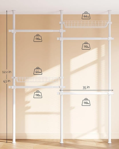 Floor-to-Ceiling Clothing Rack with 2 Wire Storage Baskets, 4 Hanging Rods, Adjustable Tension Closet Organizer for Bedroom, Walk-In Closet, Laundry Room, 4-Pole, White