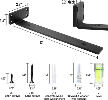 HITOMEN Heavy Duty Floating Shelf Brackets, 12-Inch (1/5'' Thick) Hidden Shelves Hardware, Iron L Brackets, Rustic Industrial Black Metal Wall Shelving Supports, 4 Pack