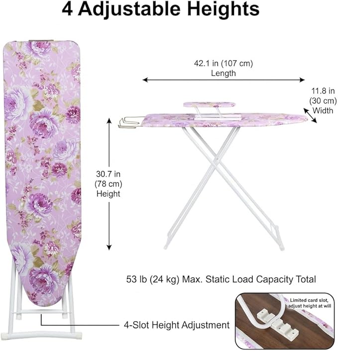 Foldable Ironing Board 36" x 12", Height Adjustable Iron Board with Heat Resistant Cover & Iron Rest, 36" Long Ironing Board with Sleeve Board, for Laundry Room