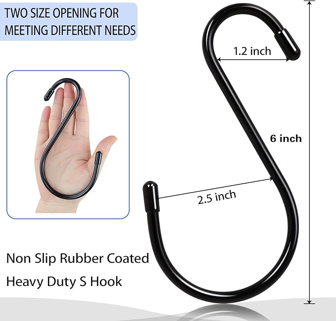 6 Pack Large S Hooks, Rubber Coated, Heavy Duty Non Slip, Black Vinyl Coated Closet S Hooks for Hanging Plants, Jeans, Pot, Pan, Garden, Bird Feeders