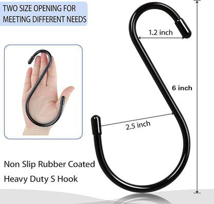 12 Pack 6 Inch Large S Hooks, Heavy Duty Vinyl Coated Non-Slip Metal Black Hooks for Hanging, Closet Kitchen Bathroom Garden Hooks for Pots Pans Clothes Plants Jeans Towels
