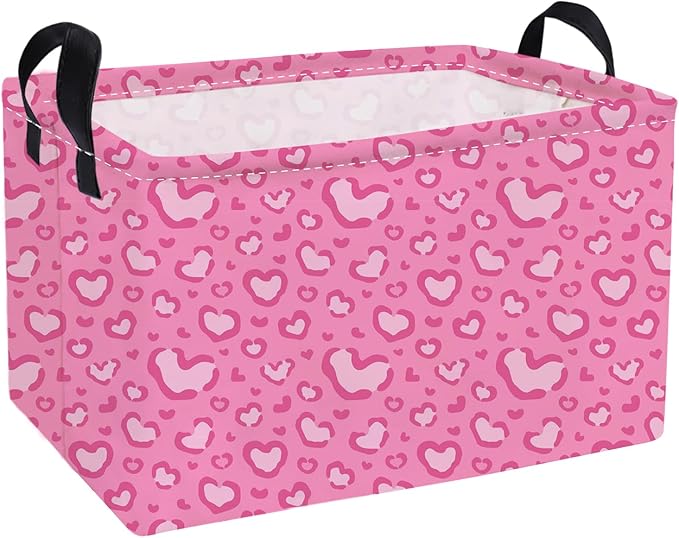 Essme Rectangular Valentine's Day Basket,Pink Heart Storage Bins Organizer with Handles for Girls Room Decor, Gift Basket,Shelf Basket.(Leopard print heart)