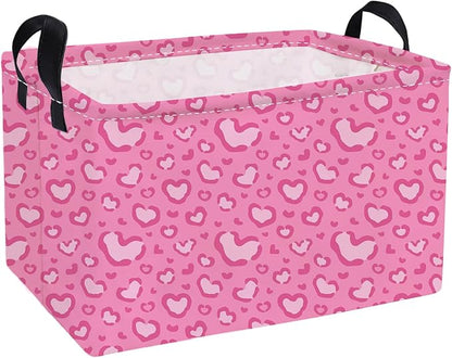 Essme Rectangular Valentine's Day Basket,Pink Heart Storage Bins Organizer with Handles for Girls Room Decor, Gift Basket,Shelf Basket.(Leopard print heart)
