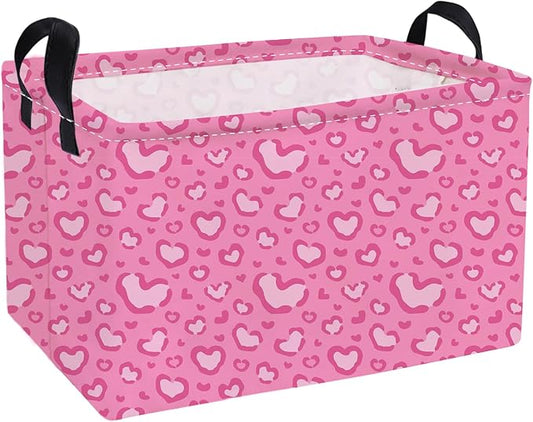 Essme Rectangular Valentine's Day Basket,Pink Heart Storage Bins Organizer with Handles for Girls Room Decor, Gift Basket,Shelf Basket.(Leopard print heart)