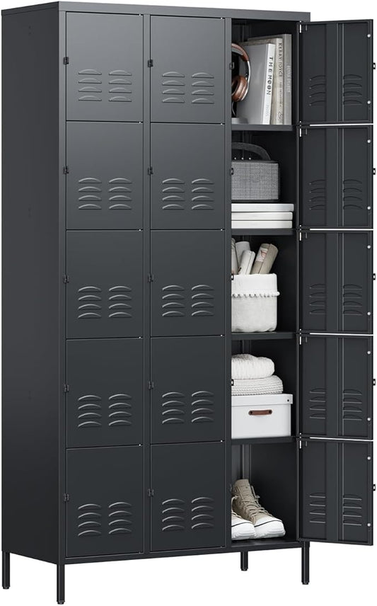 Letaya Metal Lockers for Employees-15 Door Storage Locker with Shelves and Lockable Steel Cabinet for School,Gym,Office,Staff(Black, 15 Door)
