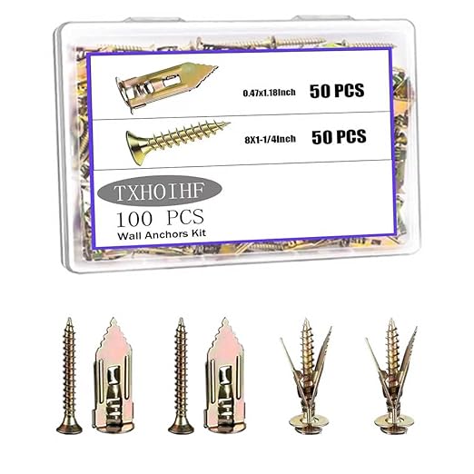 Self Drilling Drywall Anchors with Screws Kit 100Pcs- 50 Sheetrock Anchors 50 Zinc Expansion Screws New Upgraded Zinc Plated Steel No Drill or Holes in Wall,for Wall Hanging,Cabinets,Holds Up to 80LB