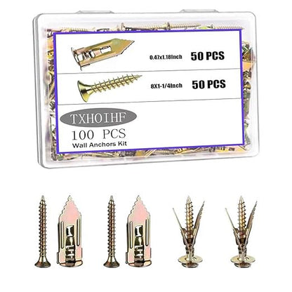 Self Drilling Drywall Anchors with Screws Kit 100Pcs- 50 Sheetrock Anchors 50 Zinc Expansion Screws New Upgraded Zinc Plated Steel No Drill or Holes in Wall,for Wall Hanging,Cabinets,Holds Up to 80LB
