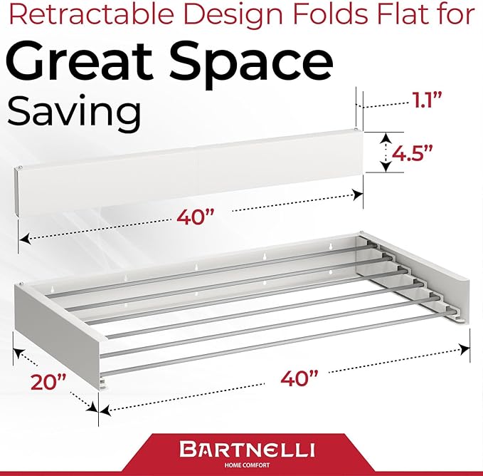 Bartnelli Wall Mounted Laundry Drying Rack for Clothes | Made in Europe with Patented Foldable Design for Maximum Space-Saving Efficiency, Collapsible Clothing Racks for Indoor and Outdoor