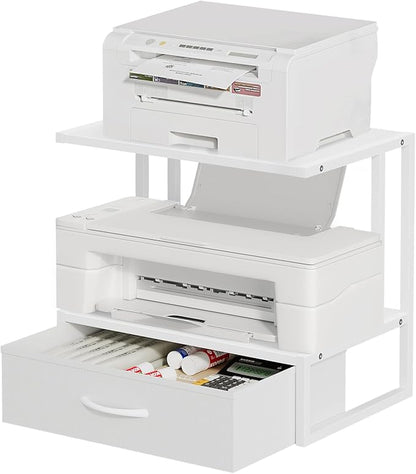Printer Stand with Storage for Desk, with Fabric Drawer Desktop Printer Stand Shelf Organzier for Home Office, for Above and Under Desk Printer Table, Fax Machine Copier Scanner, White