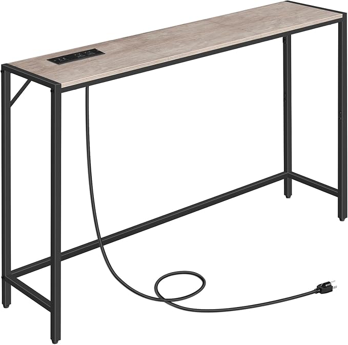Console Table, Narrow Sofa Table, 43.3” Entrance Table with Power Station, Behind Couch Table, Simple Style, for Living Room, Hallway, Entryway, Foyer, Greige and Black CTHG112E01