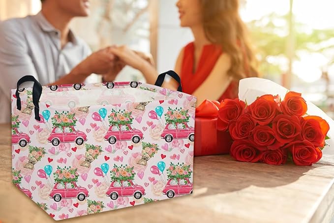 Rectangular Valentine's Day Baskets,Heart Basket,Pink Girls Basket Kids Storage Bin Love Room Decor for Home.(Flower car)