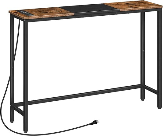 HOOBRO Narrow Console Table with Power Outlets, 44.9 Inches Sofa Table, Slim Behind Couch Table, Entryway Table with Display Shelf, for Living Room, Foyer, Hallway, Rustic Brown and Black BF114UXG01