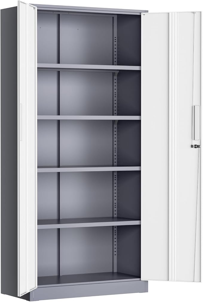 Greenvelly Metal Lockable Storage Cabinet, 72” Tall Storage Cabinet with 2 Doors and 4 Adjustable Shelves for Office, Home, Garage, Pantry (Assembly Required, 18”D, Grey White)