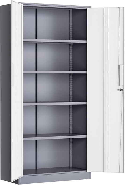 Greenvelly Metal Lockable Storage Cabinet, 72” Tall Storage Cabinet with 2 Doors and 4 Adjustable Shelves for Office, Home, Garage, Pantry (Assembly Required, 18”D, Grey White)