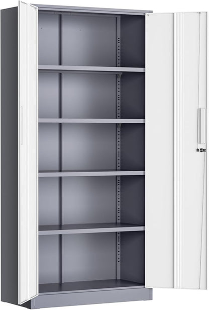 Greenvelly Metal Lockable Storage Cabinet, 72” Storage Cabinet with 2 Doors and 4 Adjustable Shelves for Office, Home, Garage, Pantry (Assembly Required, Grey White)