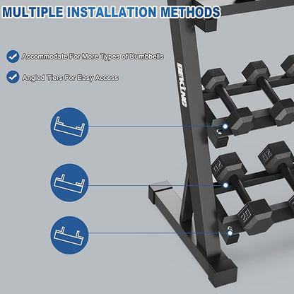 BEKING 3 Tier Dumbbell Rack,1000LB Capacity Weight Storage Rack for Home Gym Fitness,Multifunctional Free Weight Organizer Stand for Dumbbells, Kettlebells,Compact Design Save Floor Space