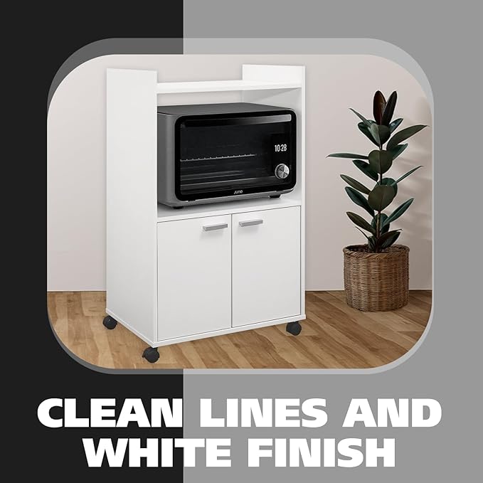 Kings Brand Furniture Ayla Microwave Cabinet with Storage and Upper Shelf for Kitchen Appliances - 2 Door Cabinet Kitchen Storage Cart - Wood Kitchen Cart with Lockable Castors Wheels - White
