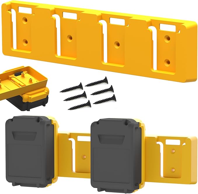 Battery Rack Compatible with DeWalt 20V Battery Holder, Mount 4 Slot Bulk Battery Garage Tool, Tools for Dewallt 20v , Wall Display Hook Holder (Yellow-1pc)
