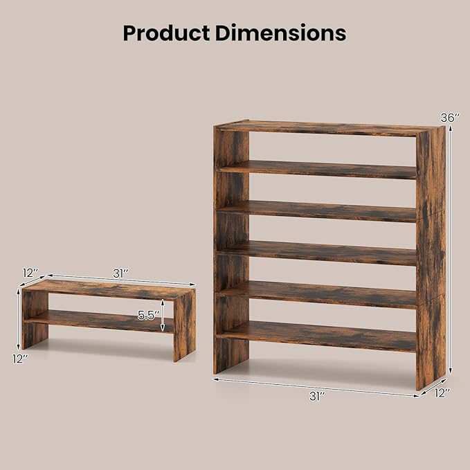 COSTWAY 6-Tier Shoe Rack, Extra Wide Shoe Shelf Organizer with Stackable Design, 31" Freestanding Adjustable Storage Shoe Stand for Small Space Entryway Hallway Closet (1,Rustic Brown)