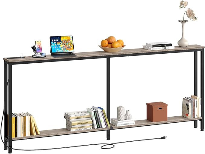 78.7" Narrow Console Table with Charging Station, Behind Couch Table with 2 AC Outlets, 1 USB and 1 Type-C Port for Hallway, Living Room, Foyer, Greige and Black TXG02UBG