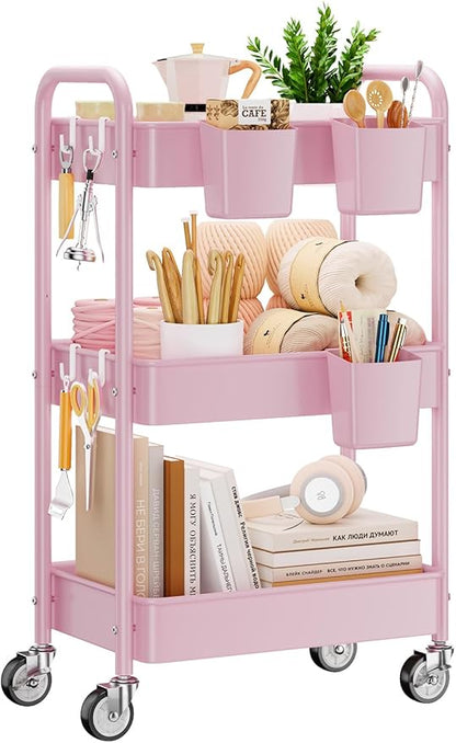 YASONIC 3-Tier Metal Rolling Cart, Heavy Duty Utility Cart with Lockable Wheels, Hanging Cups, Hooks, Mesh Rolling Storage Cart Craft Organizer, Lightweight and Sturdy, Pink