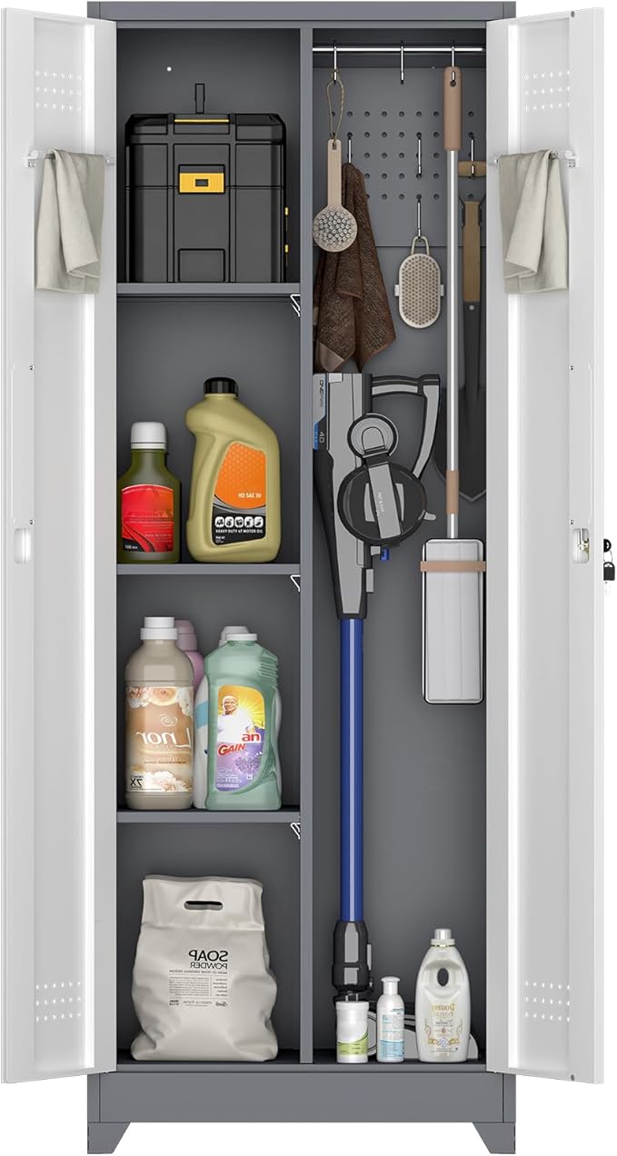 Locking Cabinet,Metal Garage Storage Cabinets with 2 Doors,Garage Tool Storage Cabinets with 3 Adjustable Shelves,Lockable Storage Cabinet for Basement,Home Office,Grey-White
