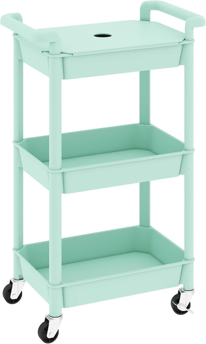 MIOCASA Utility Rolling Cart with Cover Top Board, 3-Tier Kitchen Storage Organization, Art Cart with Wheels for Office, Classroom, Livingroom, Kitchen, Bathroom (Green, 3-Tier-Plastic)