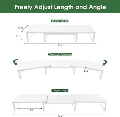 Dual Monitor Stand Riser w/ Drawer & Metal Leg, Large White Computer Monitor Riser w/ Storage For 2 Screens, Desk Shelf w/ Adjustable Length & Angle, Desktop Organizer