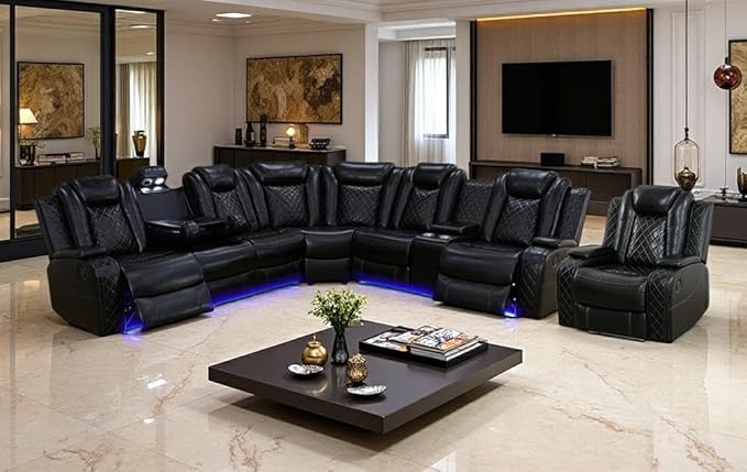 Power Reclining Sectional Sofa, Leather Power Recliner Sofa Set for Living Room, Black Breathing Leather Sectional Reclining Couches Set with LED Light/Cup Holder/USB Port for Home Theater