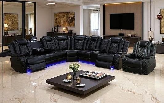 Power Reclining Sectional Sofa, Leather Power Recliner Sofa Set for Living Room, Black Breathing Leather Sectional Reclining Couches Set with LED Light/Cup Holder/USB Port for Home Theater